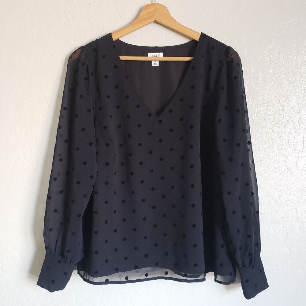 J.Crew Chiffon Polka Dot Sheer Sleeve Blouse Top V-Neck Black Size Womens Medium